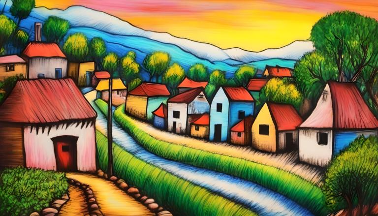 Crayon Drawing,Crayon Drawing, Village, village, no humans, tree, outdoors, grass, house, sky, water, sunset