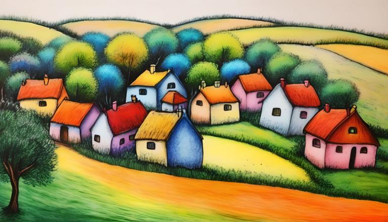 Crayon Drawing,Crayon Drawing, Village, village, no humans, tree, outdoors, pokemon (creature), grass, house