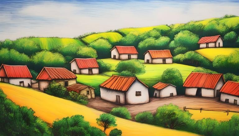 Crayon Drawing,Crayon Drawing, Village, village, no humans, outdoors, tree, day, sky, house, blue sky