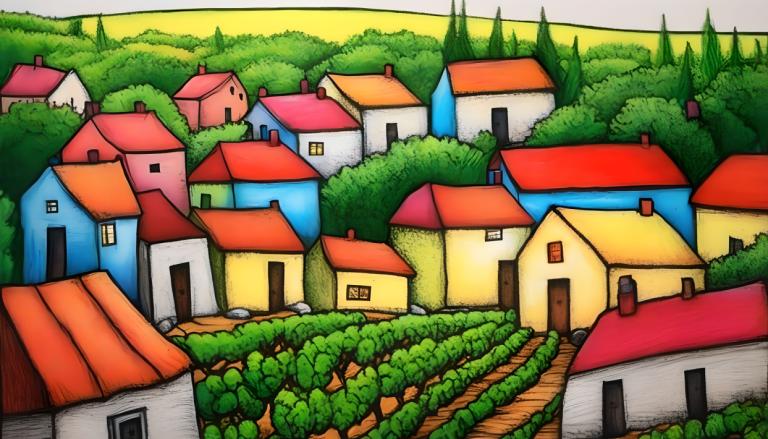 Crayon Drawing,Crayon Drawing, Village, village, no humans, house, outdoors, tree, bush, window, building