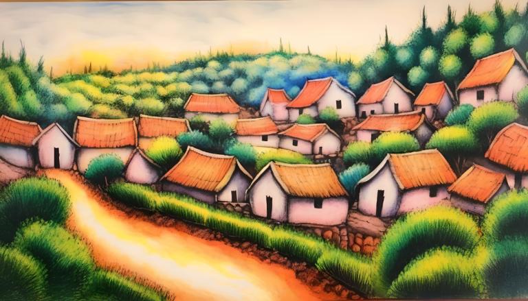 Crayon Drawing,Crayon Drawing, Village, village, no humans, outdoors, tree, traditional media, house, day