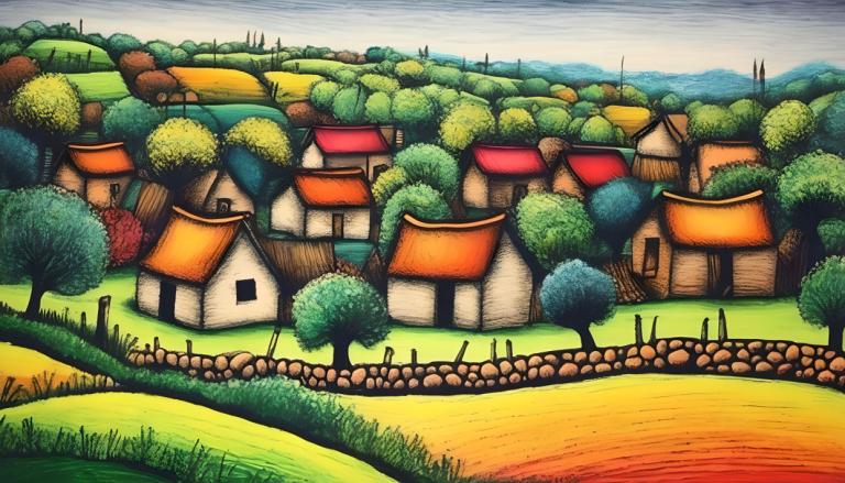 Crayon Drawing,Crayon Drawing, Village, village, no humans, outdoors, tree, house, grass, cloud, sky, scenery