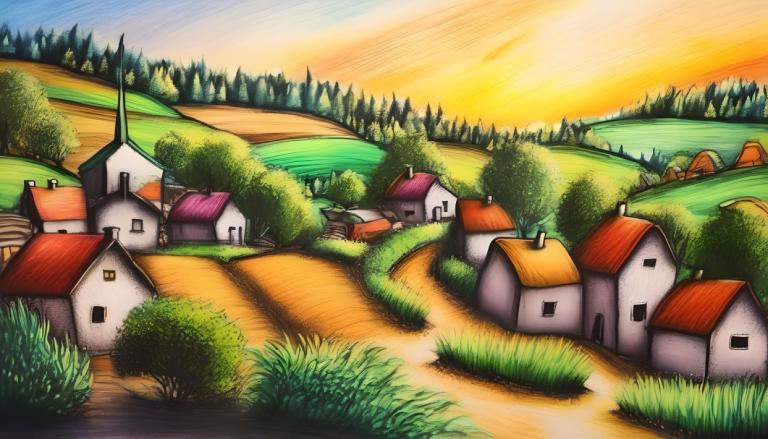 Crayon Drawing,Crayon Drawing, Village, village, no humans, outdoors, grass, tree, house, scenery, sky