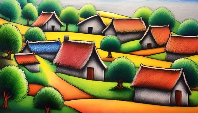 Crayon Drawing,Crayon Drawing, Village, village, no humans, tree, outdoors, day, sky, house, blue sky