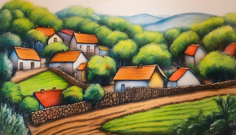 Crayon Drawing,Crayon Drawing, Village, village, no humans, outdoors, tree, house, grass, traditional media