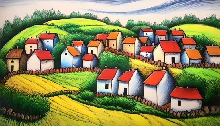 Crayon Drawing,Crayon Drawing, Village, village, no humans, outdoors, sky, cloud, day, grass, house, tree