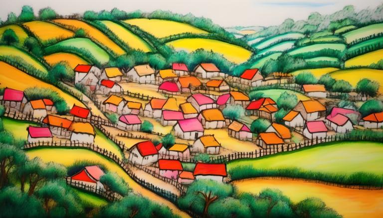 Crayon Drawing,Crayon Drawing, Village, village, no humans, outdoors, tree, day, traditional media, grass