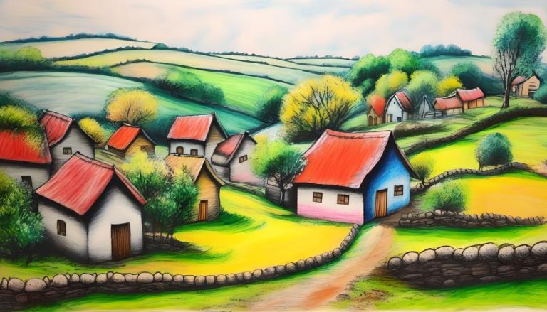 Crayon Drawing,Crayon Drawing, Village, village, no humans, outdoors, tree, day, grass, traditional media