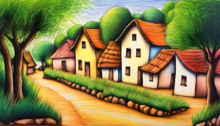 Crayon Drawing,Crayon Drawing, Village, village, tree, no humans, day, outdoors, grass, sky, house, blue sky