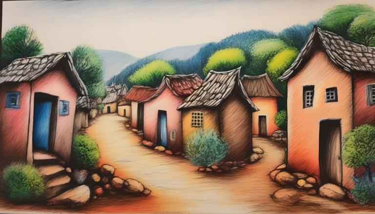 Crayon Drawing,Crayon Drawing, Village, village, no humans, house, tree, outdoors, scenery, grass, building