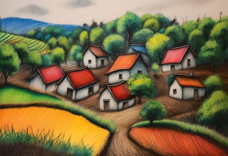 Crayon Drawing,Crayon Drawing, Village, village, no humans, outdoors, house, tree, day, sky