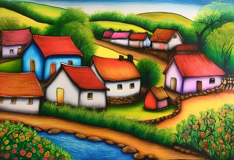 Crayon Drawing,Crayon Drawing, Village, village, no humans, outdoors, day, grass, house, flower, tree, water