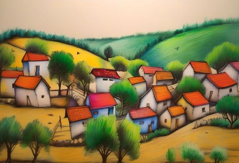 Crayon Drawing,Crayon Drawing, Village, village, no humans, outdoors, tree, house, pokemon (creature), day