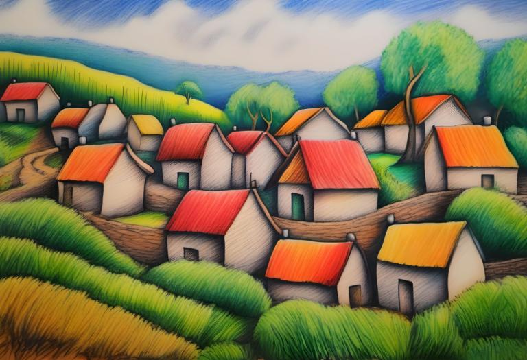 Crayon Drawing,Crayon Drawing, Village, village, no humans, outdoors, day, sky, tree, cloud, grass, house