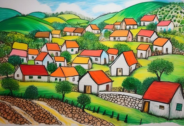 Crayon Drawing,Crayon Drawing, Village, village, no humans, outdoors, tree, day, sky, grass