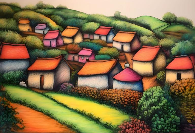 Crayon Drawing,Crayon Drawing, Village, village, no humans, outdoors, house, grass, tree, bush, day, scenery