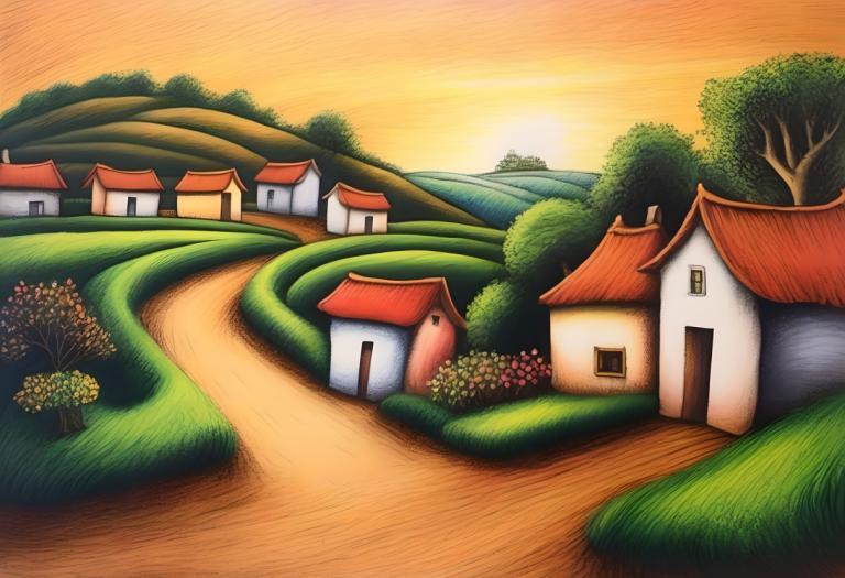 Crayon Drawing,Crayon Drawing, Village, village, no humans, tree, house, outdoors, sunset, grass, sky, window