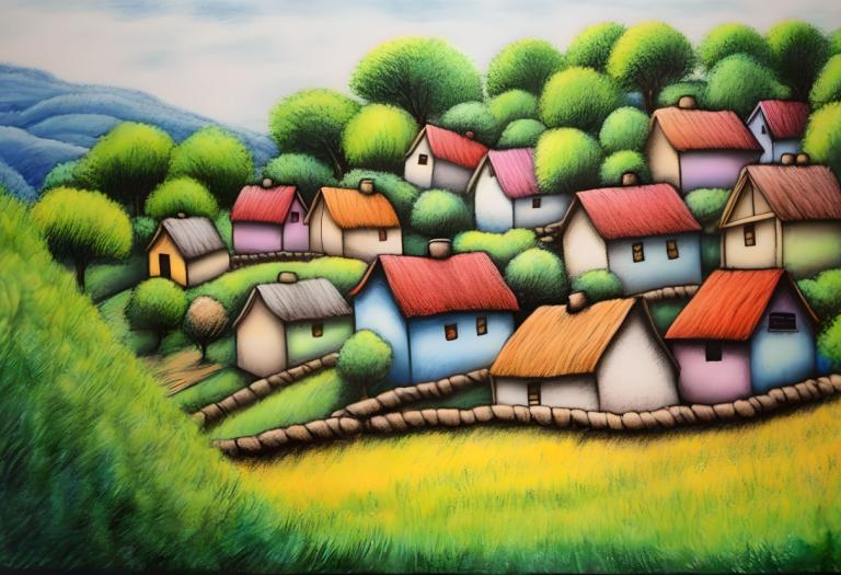 Crayon Drawing,Crayon Drawing, Village, village, no humans, outdoors, grass, day, tree, sky, cloud, house