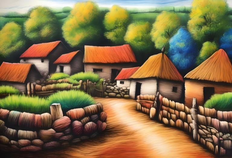 Crayon Drawing,Crayon Drawing, Village, village, no humans, tree, outdoors, house, scenery, day, grass, sky