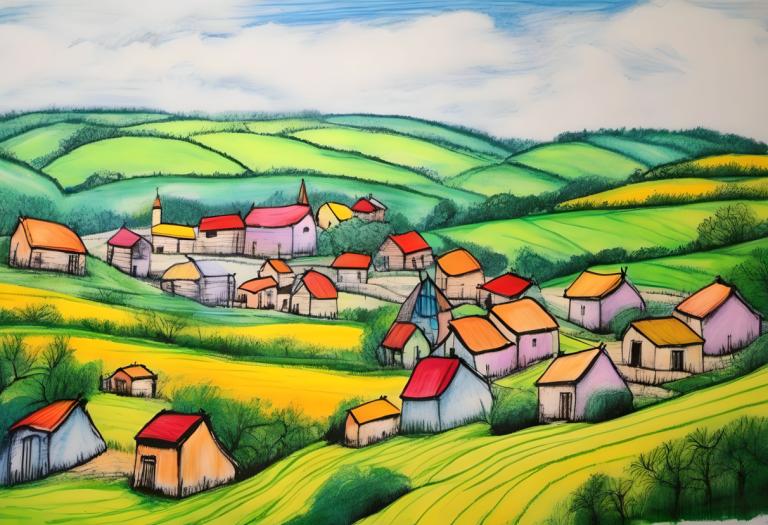 Crayon Drawing,Crayon Drawing, Village, village, outdoors, day, traditional media, cloud, sky, grass, scenery