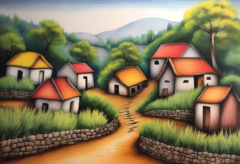 Crayon Drawing,Crayon Drawing, Village, village, no humans, outdoors, tree, grass, house, sky, day, scenery