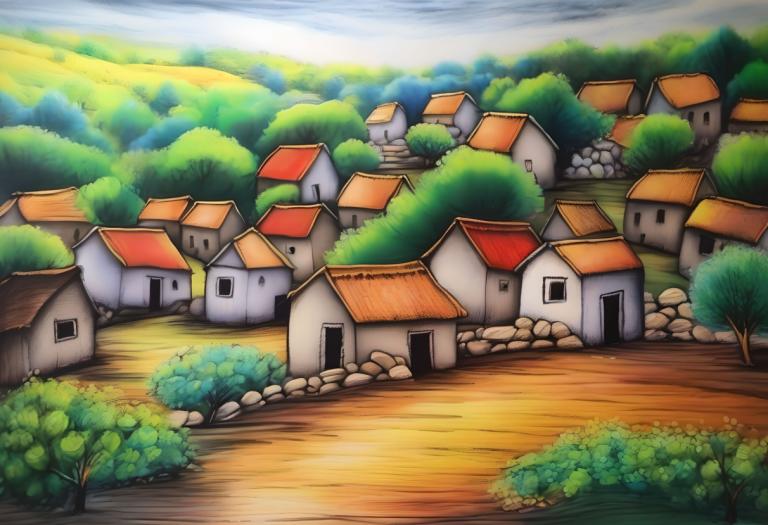 Crayon Drawing,Crayon Drawing, Village, village, no humans, tree, outdoors, day, house, scenery, sky, bush