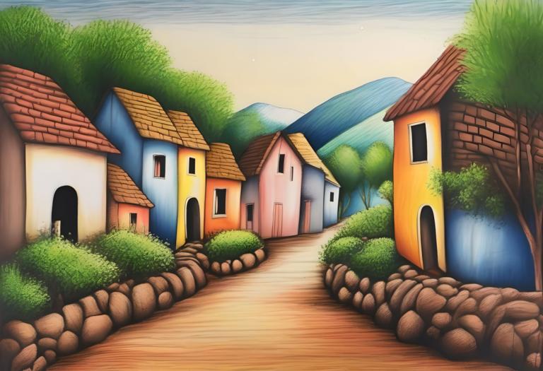 Crayon Drawing,Crayon Drawing, Village, village, no humans, tree, outdoors, sky, house, scenery, window, bush