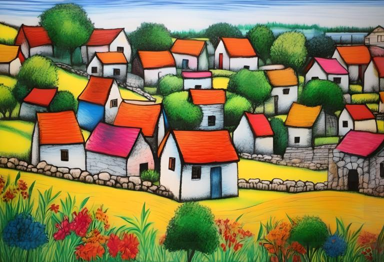 Crayon Drawing,Crayon Drawing, Village, village, no humans, outdoors, day, blue sky, grass, sky, tree, flower