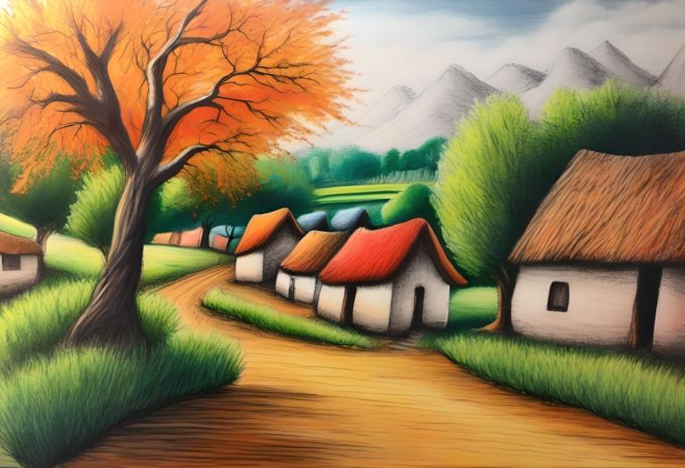 Crayon Drawing,Crayon Drawing, Village, village, no humans, tree, outdoors, grass, sky, house, day, scenery