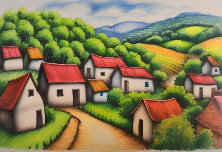 Crayon Drawing,Crayon Drawing, Village, village, no humans, outdoors, cloud, tree, sky, day, house, scenery