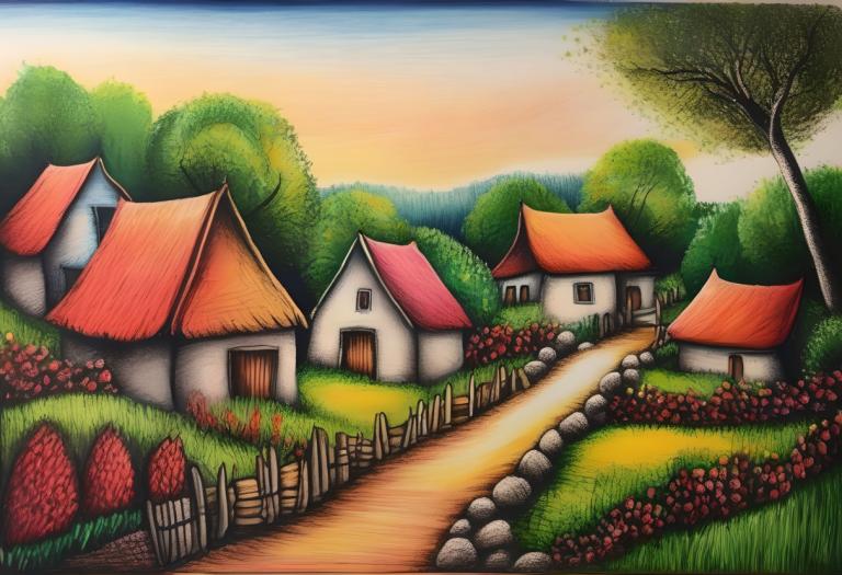 Crayon Drawing,Crayon Drawing, Village, village, no humans, tree, outdoors, house, grass, fence, sky, bush