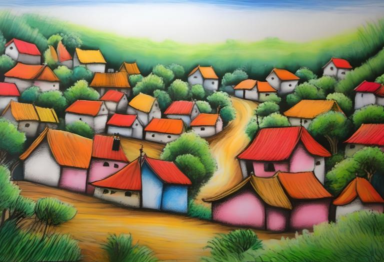 Crayon Drawing,Crayon Drawing, Village, village, outdoors, no humans, day, grass, blue sky, traditional media