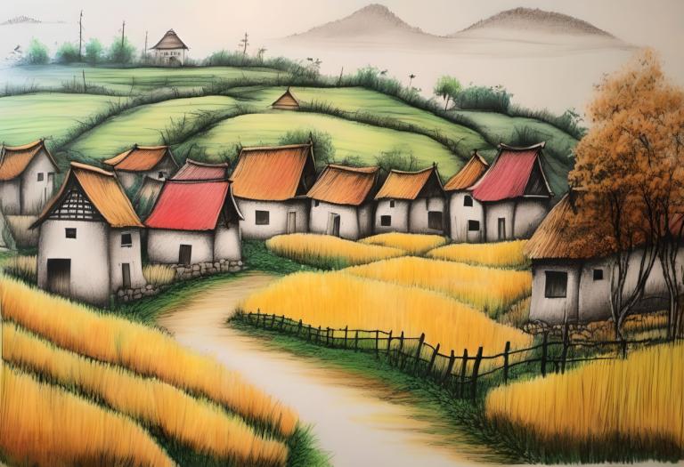 Crayon Drawing,Crayon Drawing, Village, village, no humans, outdoors, tree, grass, house, day, scenery, fence