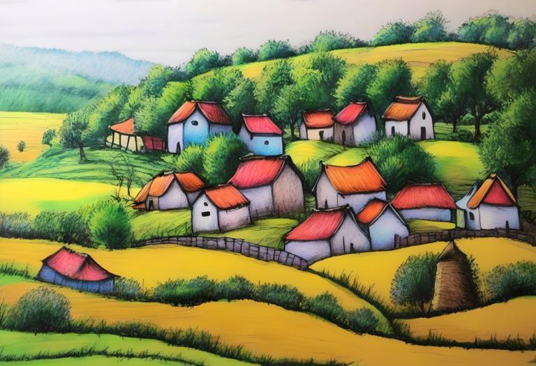 Crayon Drawing,Crayon Drawing, Village, village, outdoors, no humans, day, grass, house, tree