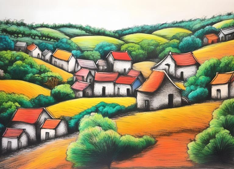 Crayon Drawing,Crayon Drawing, Village, village, no humans, outdoors, tree, bush, traditional media, day