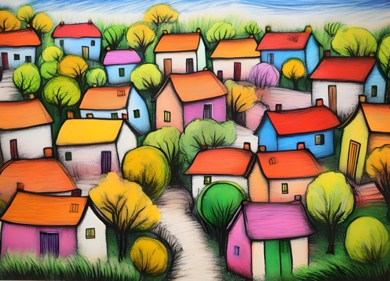 Crayon Drawing,Crayon Drawing, Village, village, no humans, house, tree, outdoors, sky, day, building, grass