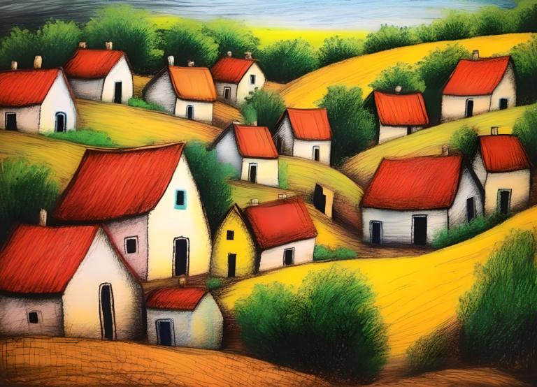 Crayon Drawing,Crayon Drawing, Village, village, no humans, outdoors, day, sky, tree, scenery, house