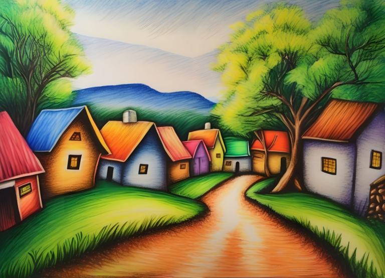 Crayon Drawing,Crayon Drawing, Village, village, no humans, tree, outdoors, house, day, grass, window, sky