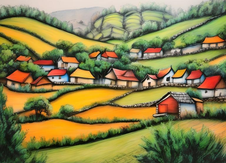 Crayon Drawing,Crayon Drawing, Village, village, no humans, outdoors, grass, house, tree, traditional media