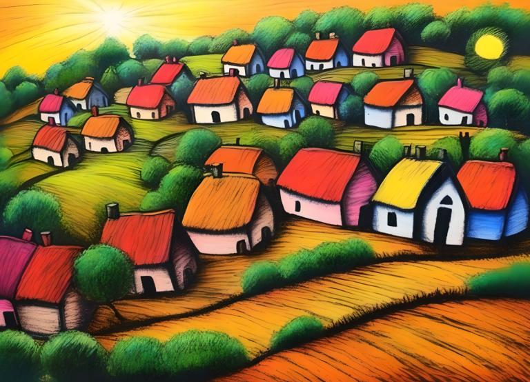 Crayon Drawing,Crayon Drawing, Village, village, no humans, outdoors, tree, sun, sunset, nature, house