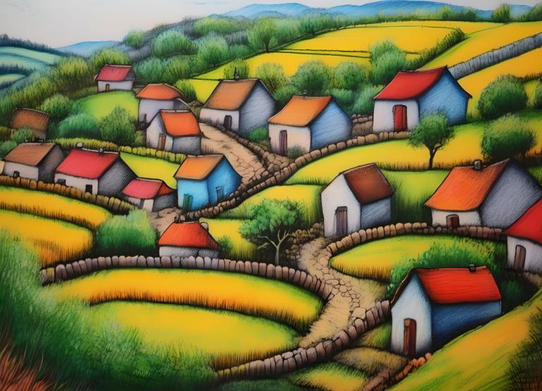 Crayon Drawing,Crayon Drawing, Village, village, no humans, outdoors, grass, day, tree, house