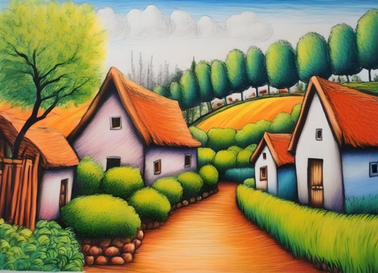 Crayon Drawing,Crayon Drawing, Village, village, no humans, tree, outdoors, sky, day, house, cloud, blue sky