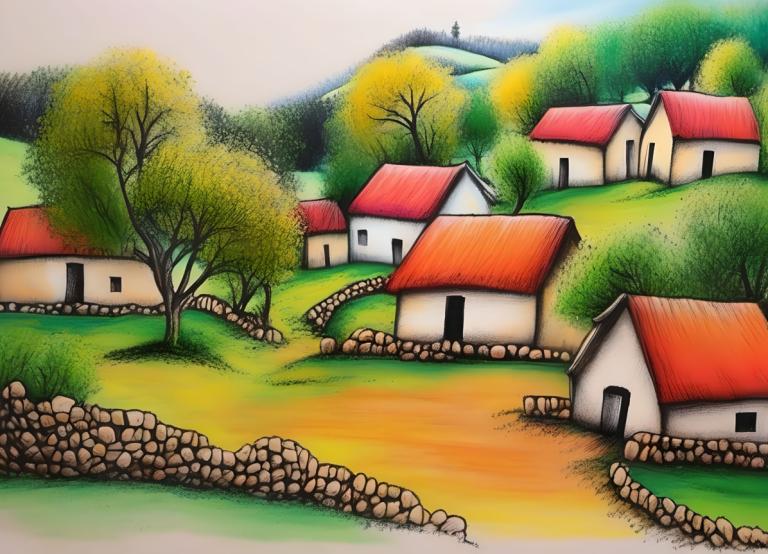 Crayon Drawing,Crayon Drawing, Village, village, tree, no humans, outdoors, day, grass, sky, house, blue sky