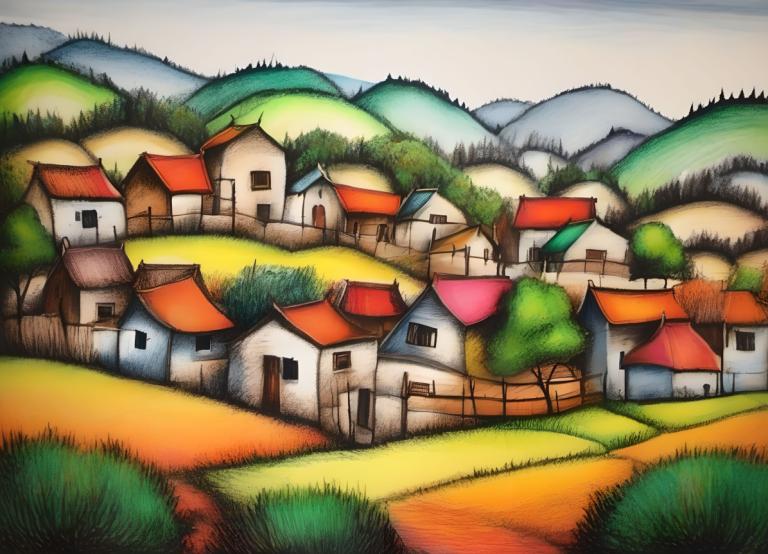 Crayon Drawing,Crayon Drawing, Village, village, no humans, outdoors, tree, day, building, house, scenery