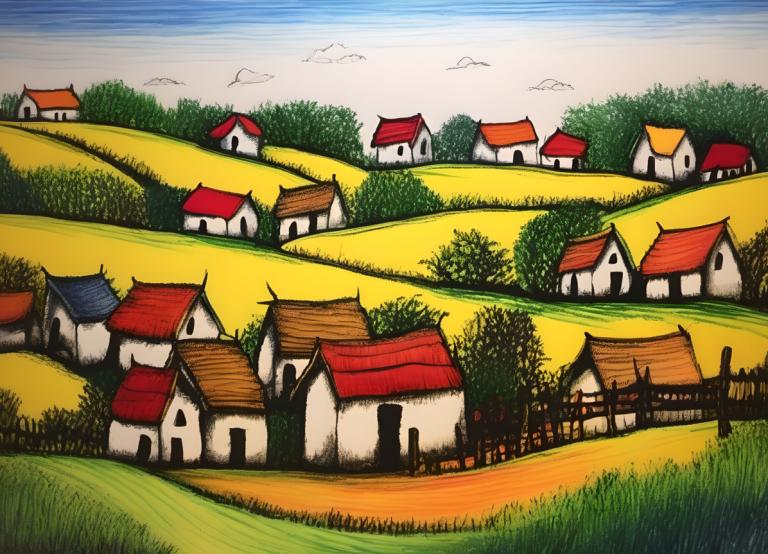 Crayon Drawing,Crayon Drawing, Village, village, no humans, outdoors, sky, scenery, tree, house, grass, cloud