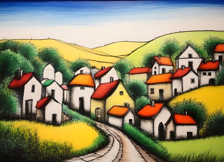 Crayon Drawing,Crayon Drawing, Village, village, no humans, outdoors, day, sky, blue sky, house, grass