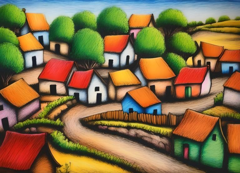 Crayon Drawing,Crayon Drawing, Village, village, outdoors, day, no humans, tree, pokemon (creature), blue sky