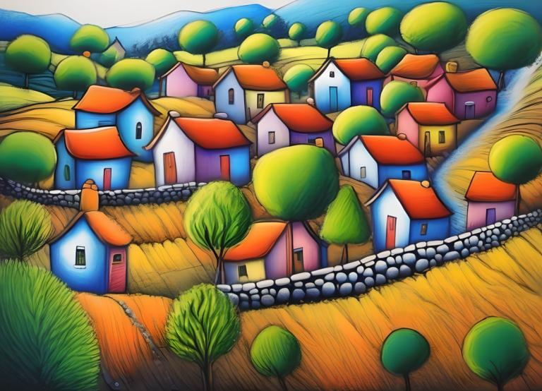 Crayon Drawing,Crayon Drawing, Village, village, no humans, outdoors, day, tree, scenery, grass, house