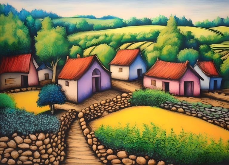 Crayon Drawing,Crayon Drawing, Village, village, no humans, tree, outdoors, house, sky, day, bush, grass