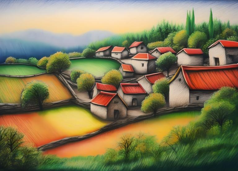 Crayon Drawing,Crayon Drawing, Village, village, no humans, outdoors, grass, tree, sky, scenery, day, house